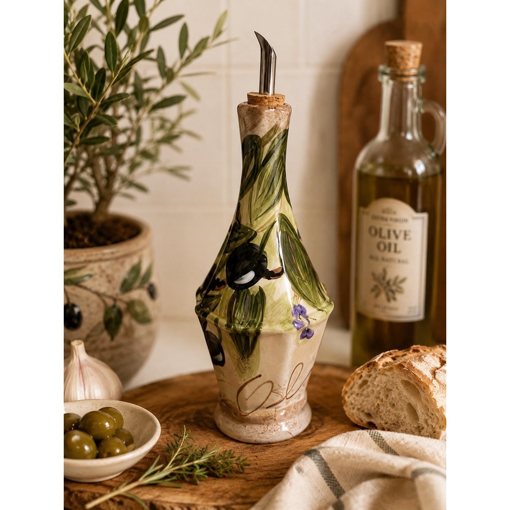 Hand Painted Olive Oil Cruet Bottle Olive Vinegar Dispenser Italian Tuscan